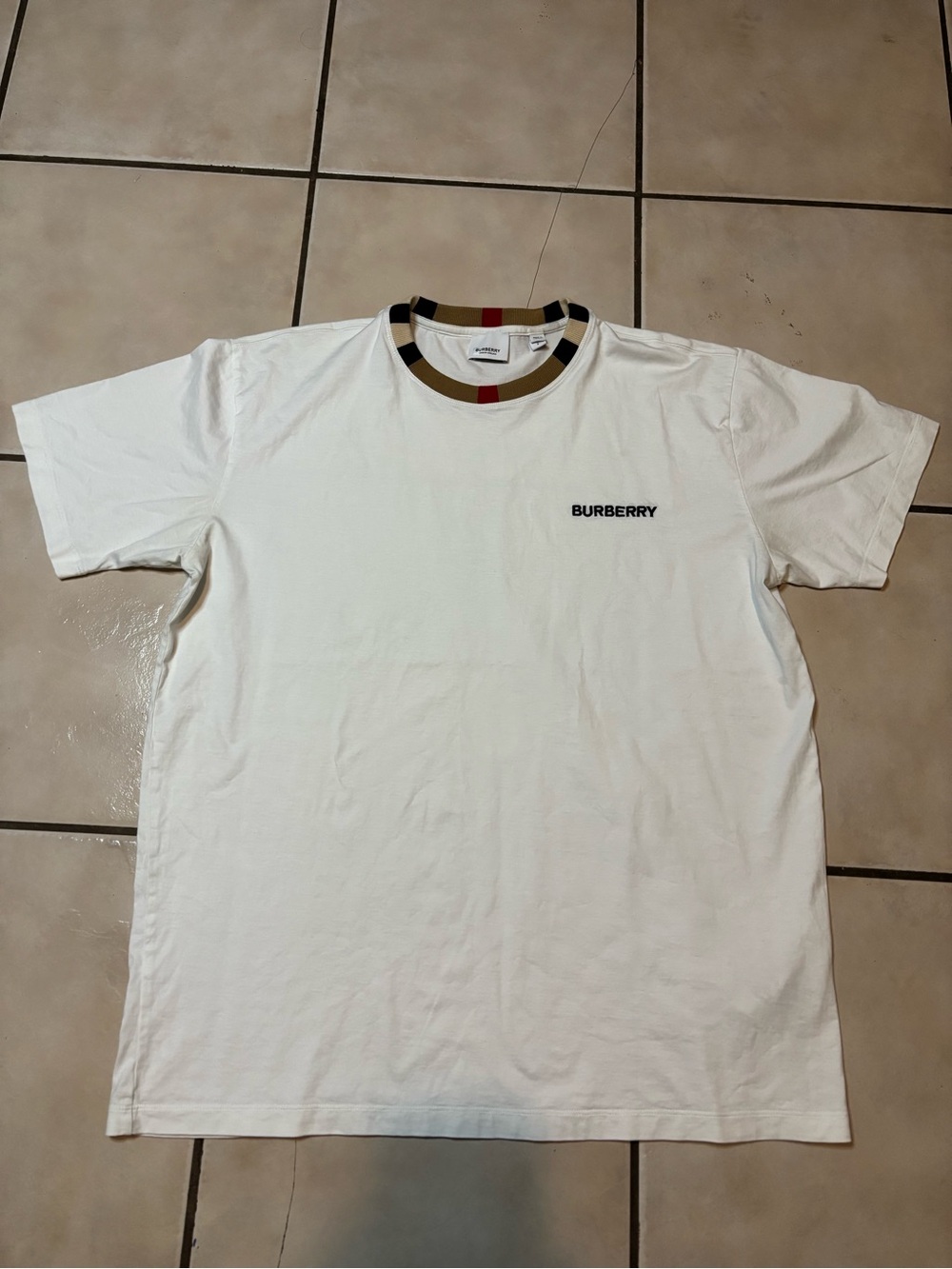 Burberry White Short-Sleeve Logo Tee with Signature Check Collar